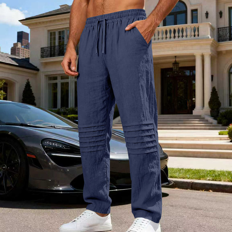 Herren Leinenoptik-Loungehose mit Tunnelzug elastischem Bund und abgesteppten Kniepanelen – Sorevano