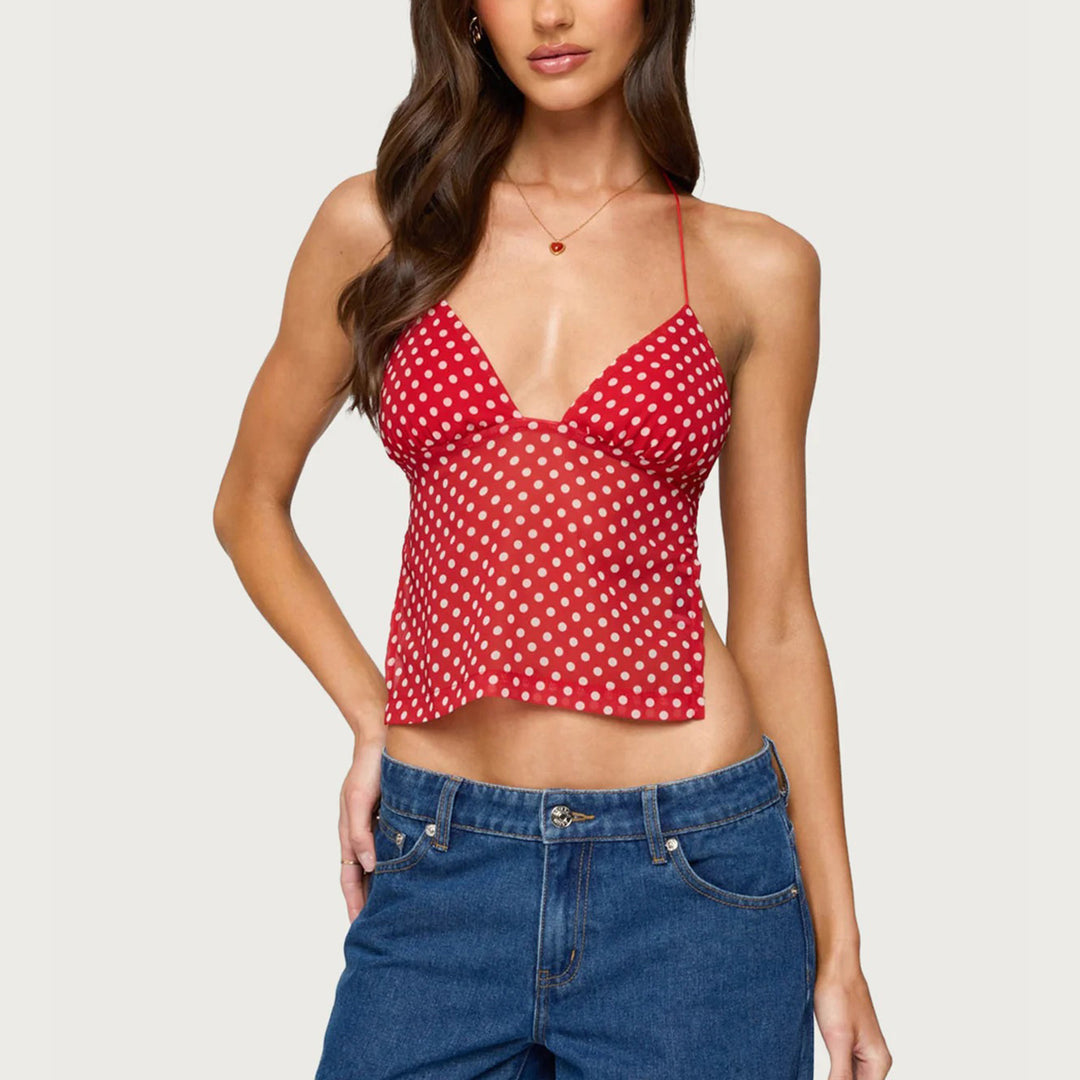 Damen Transparente Bluse mit Punktmuster und dehnten Trägern Echo Archiv