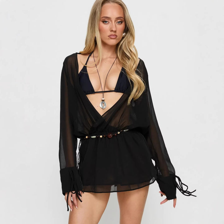 Damen lässige Chiffonbluse mit tiefem V-Ausschnitt und seitlichen Bändern Echo Archiv