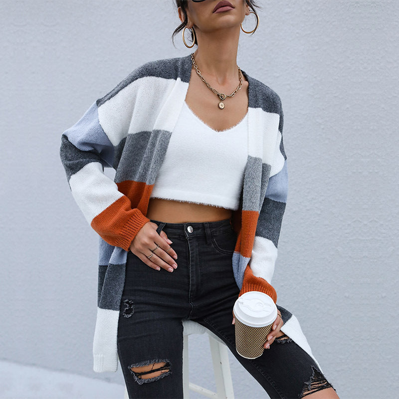 Damen Oversize Strickcardigan mit Blockstreifen und offener Front Echoarchiv