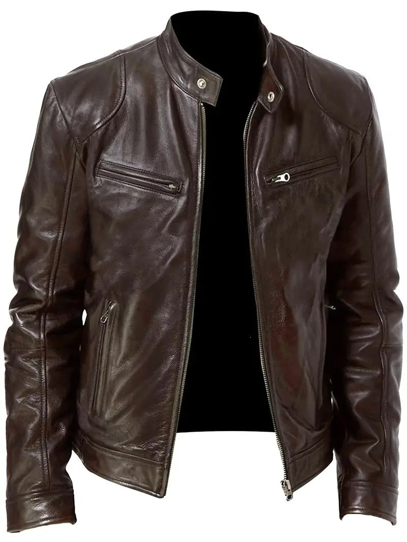 Herren Slim-Fit Lederjacke im Bikerstil mit Stehkragen, Reißverschlusstaschen und weichem Lammnappa Echo Archiv