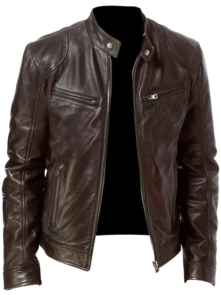 Herren Slim-Fit Lederjacke im Bikerstil mit Stehkragen, Reißverschlusstaschen und weichem Lammnappa Echo Archiv