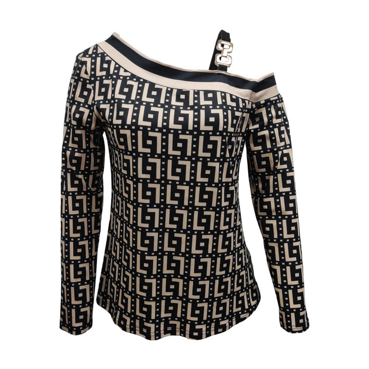 Damen Asymmetrisches Longsleeve mit One-Shoulder, Ziergurt und geometrischem Allover-Print – Avérine