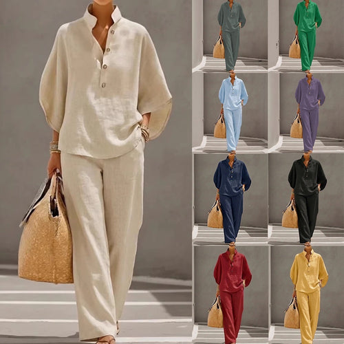 Damen Lockeres Leinenoptik-Zweiteiler mit Stehkragenbluse und weitem Palazzo-Hose – Élanora