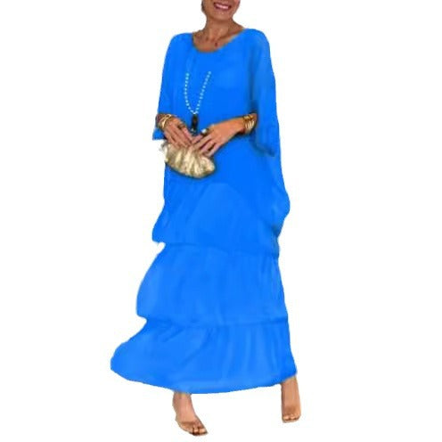 Damen nan bodenlanges Stufenkleid mit weiten Fledermausärmeln und lockerer Silhouette Echo Archiv