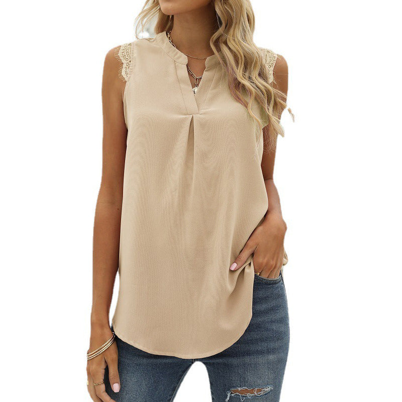 Damen Ärmelloses Blusenshirt mit Elegantem Spitzeneinsatz und Modischen Falten Echoarchiv