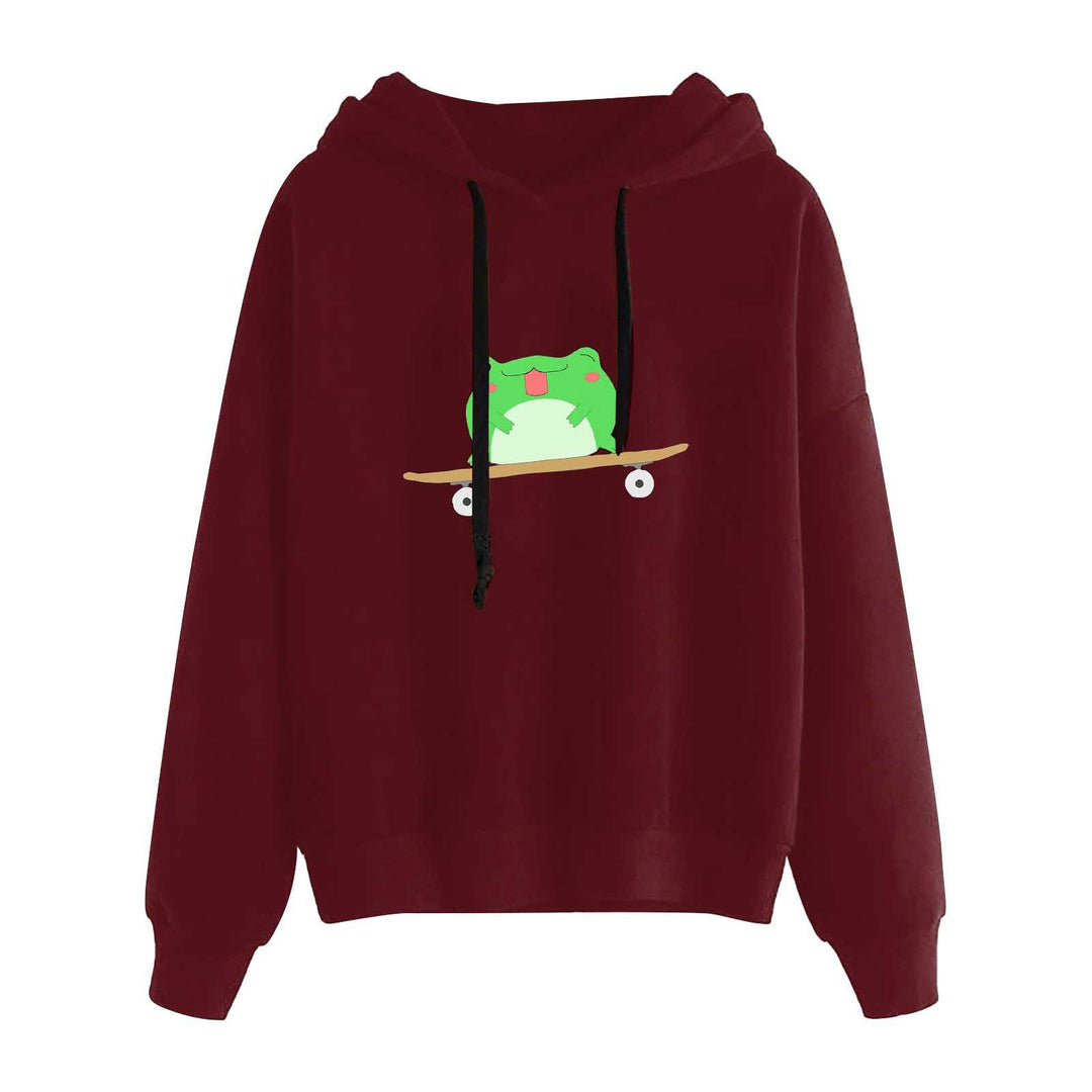 Damen kurz geschnittener Cropped-Kapuzenpullover mit niedlicher Frosch-Illustration und verstellbarer Kapuze – Auréline