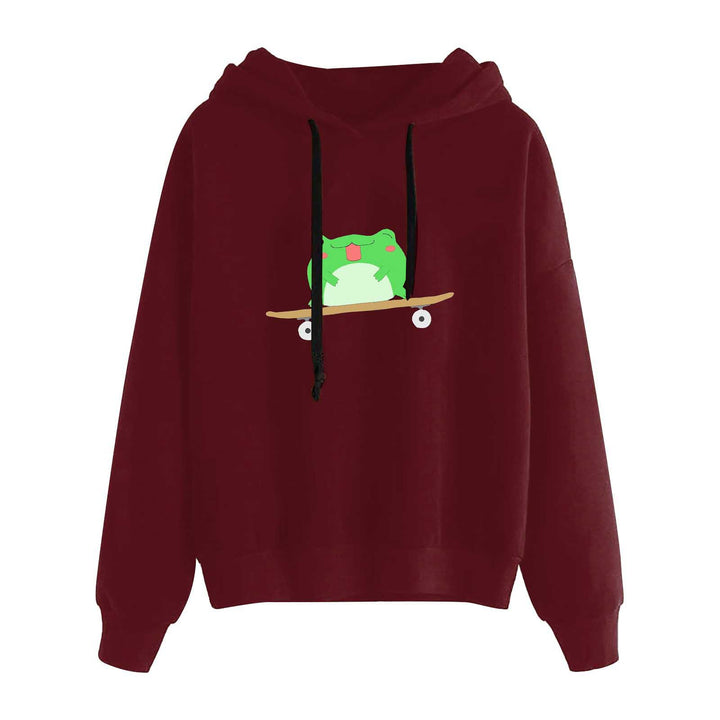 Damen kurz geschnittener Cropped-Kapuzenpullover mit niedlicher Frosch-Illustration und verstellbarer Kapuze – Auréline