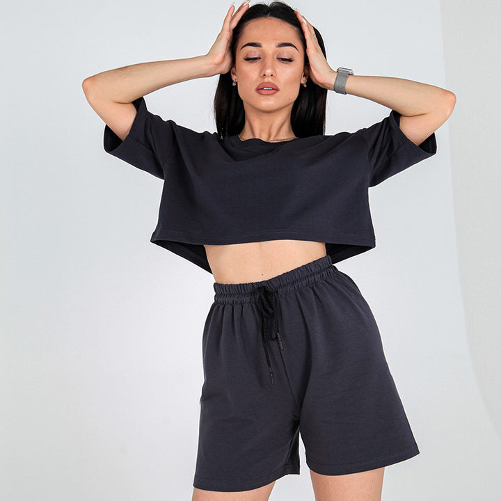 Damen Zweiteiliges Cropped-Lounge-Set aus Baumwolljersey mit elastischer Kordelzug-Shorts – Élanora