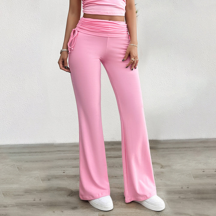 Damen weiche Palazzo-Loungehose mit Umschlagbund, seitlichen Kordelzügen und ausgestelltem Bein – Avélisse