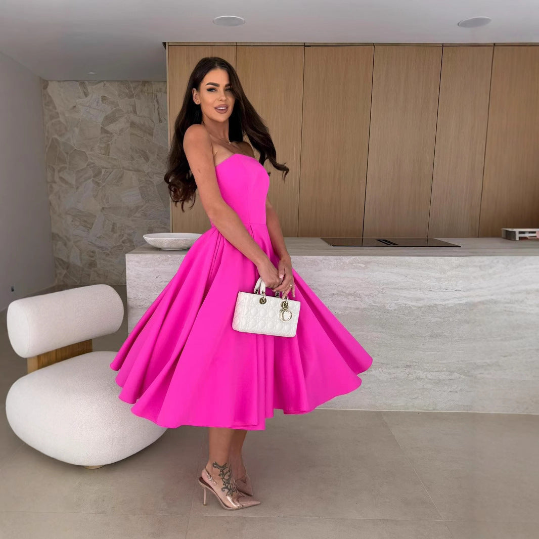 Damen A-linien Cocktailkleid mit trägerlosem Schnitt und schwingendem Rock Echoarchiv