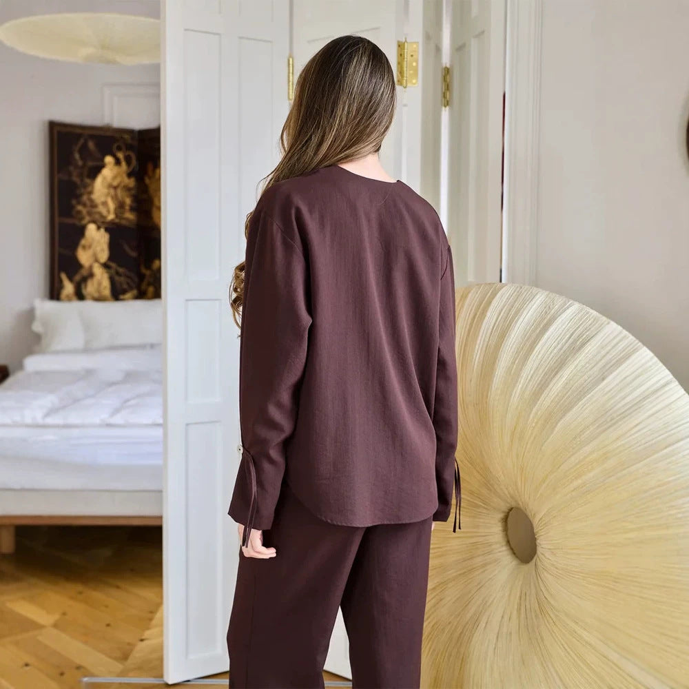 Damen Lässiges Lounge-Set mit V‑Ausschnitt, Knopfleiste und Zugbändern Echoarchiv