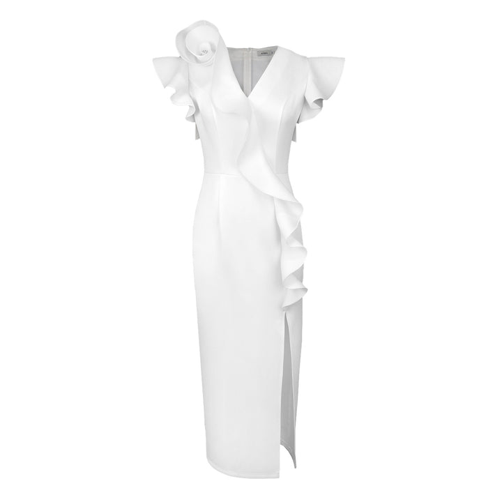 Damen Elegantes Midi-Kleid mit asymmetrischem Rüschen-Design und floralem Akzent Echo Archiv