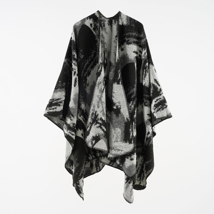 Damen Oversize-Jacquard-Umhang aus Wollmix mit grafischem Aquarellmuster und Kettelkante – Célinea