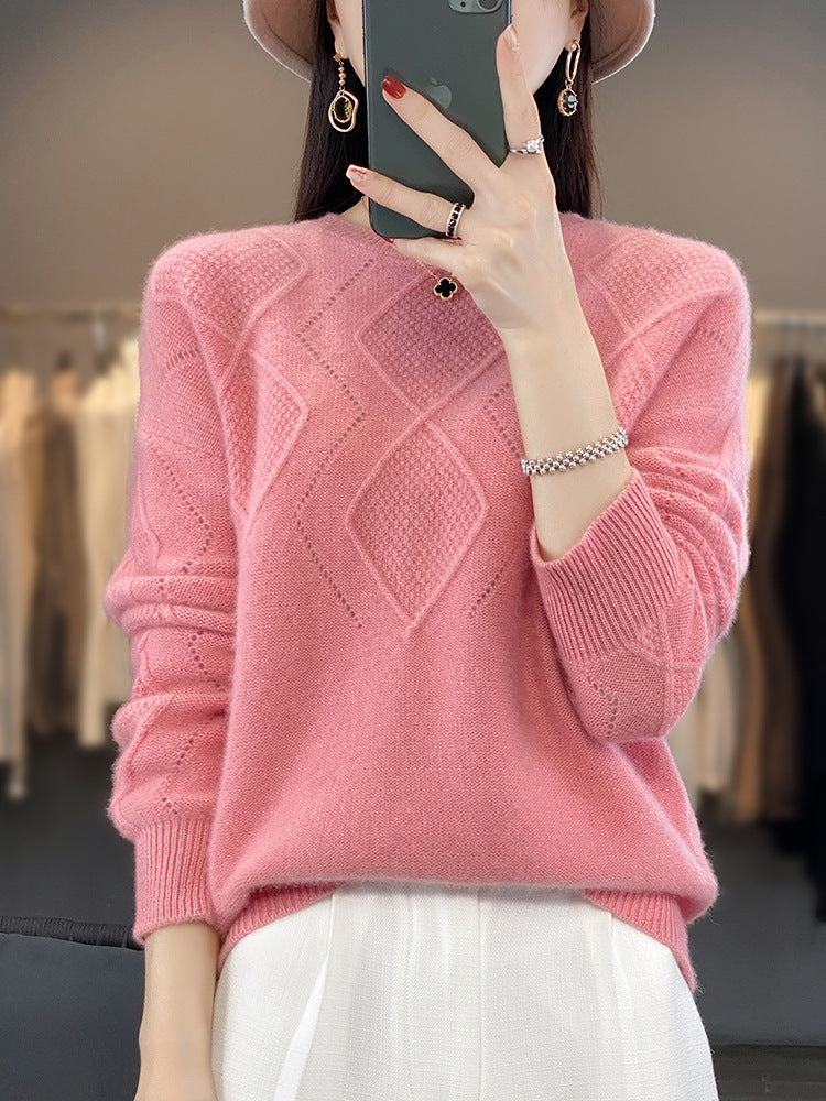 Damen Weicher Rautenmuster-Pullover im Mohair‑Look mit feiner Ajourstruktur und Rundhalsausschnitt Echoarchiv