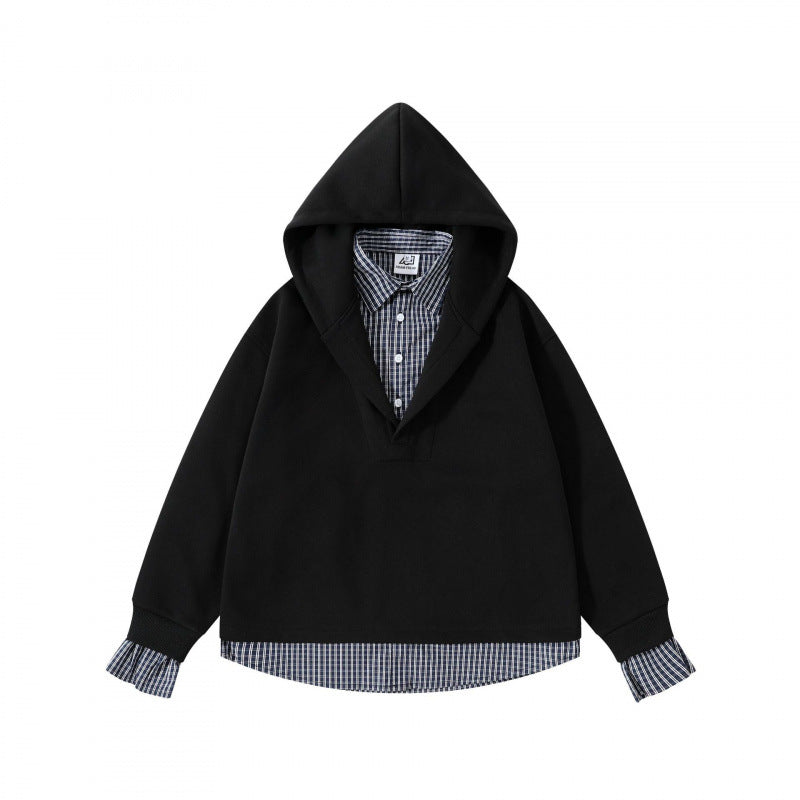 Damen Layering-Hoodie mit eingesetztem Hemdkragen, karierter Saum- und Manschettenoptik Echo Archiv
