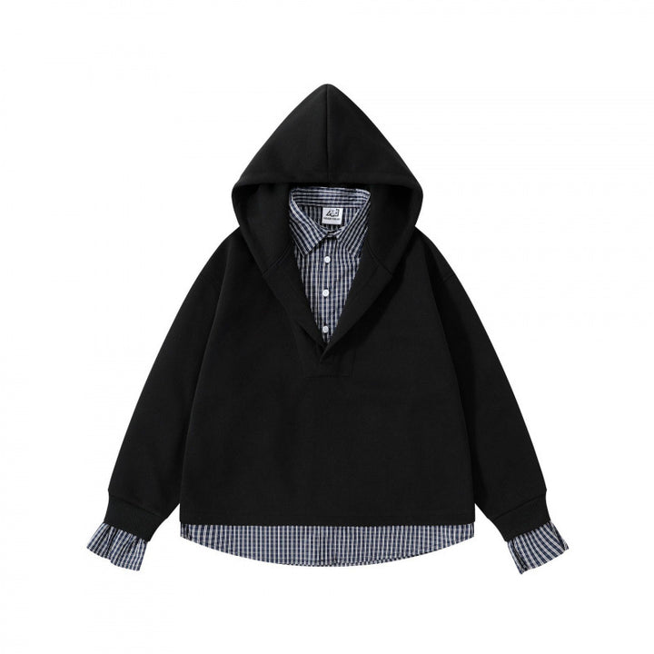Damen Layering-Hoodie mit eingesetztem Hemdkragen, karierter Saum- und Manschettenoptik Echo Archiv