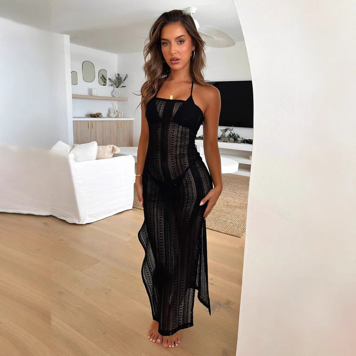 Damen Transparente Maxi-Strandkleid mit feinen Häkelmustern und verstellbaren Trägern Echo Archiv