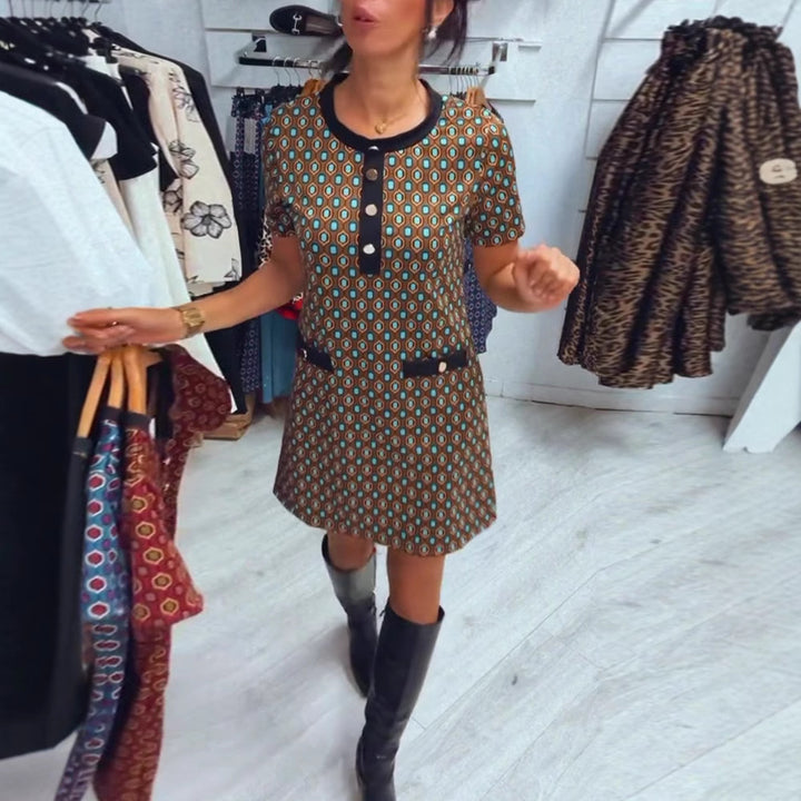 Damen nan Retro-A-Linien-Minikleid mit geometrischem Muster, Kontrastblende und Zier-Taschendetail Echo Archiv