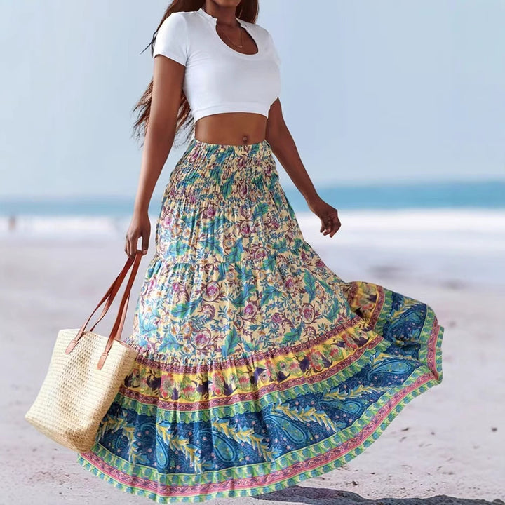 Damen Maxirock mit elastischem Smockbund und fließendem Paisley‑Print – Rosévia