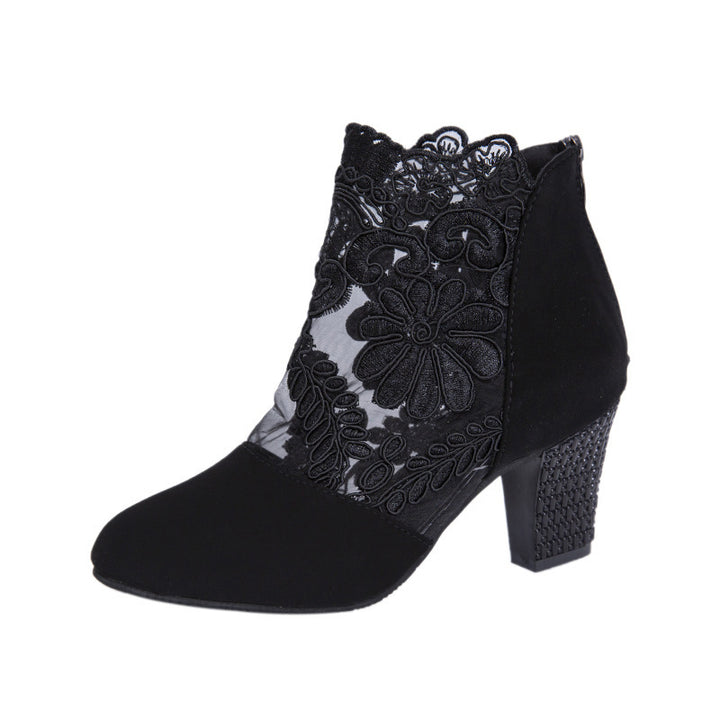 Damen Ankle-Boots mit floraler Spitze und samtiger Wildlederoptik mittelhoher Blockabsatz Echoarchiv