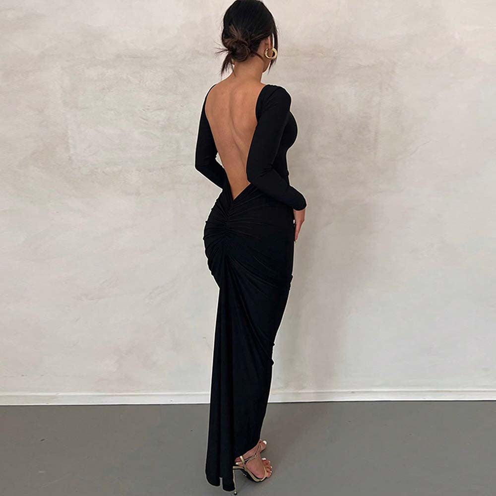 Damen enganliegendes Maxikleid mit langen Ärmeln figurbetonter Stretch-Silhouette und U-Boot-Ausschnitt – Valéora