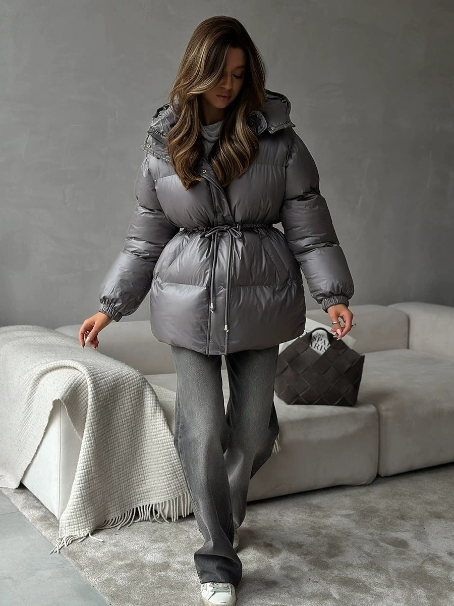 Damen gesteppte Steppjacke mit Taillenzug und Kapuze Echoarchiv