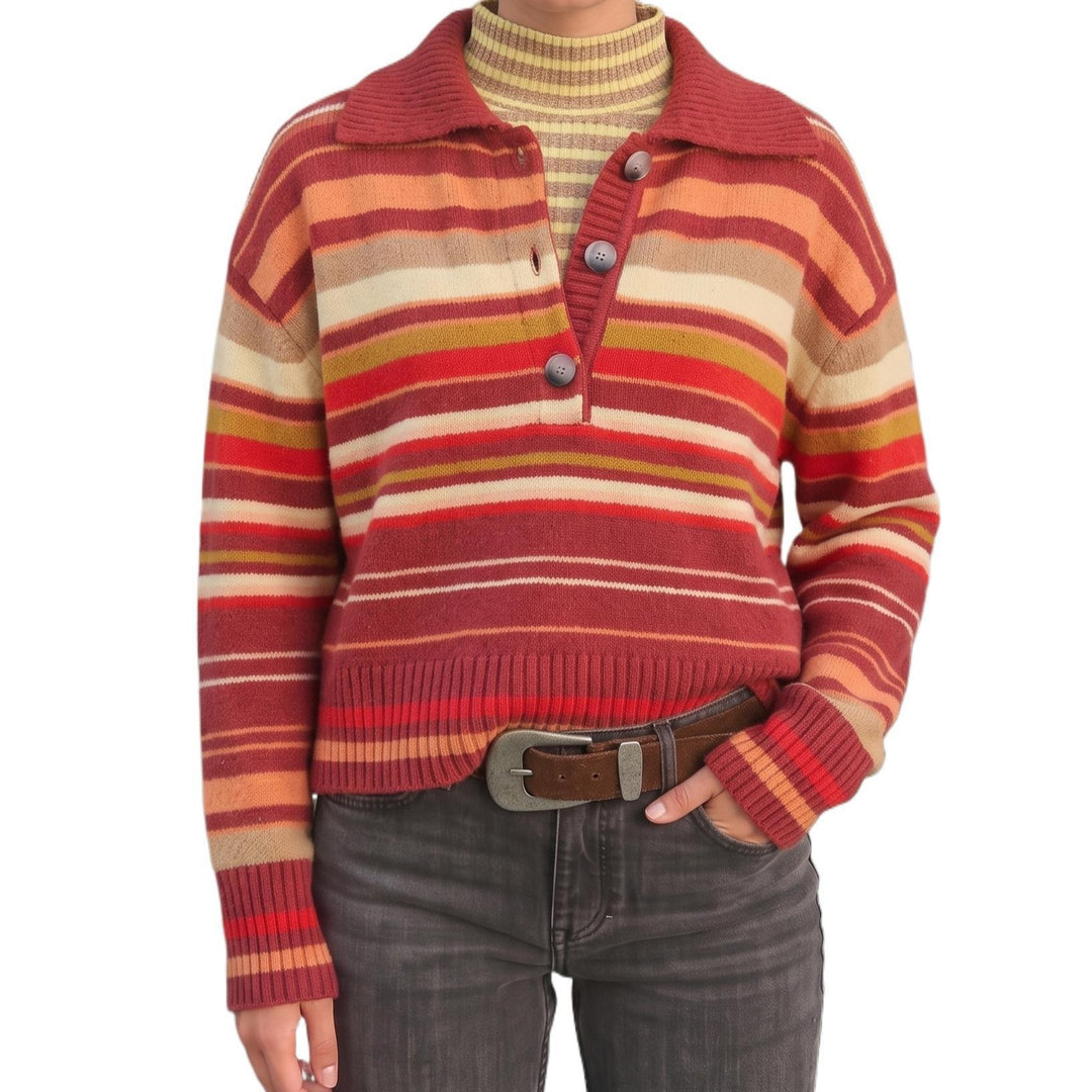 Damen Gestreifter Strickpullover mit Polokragen & Knopfleiste Echoarchiv