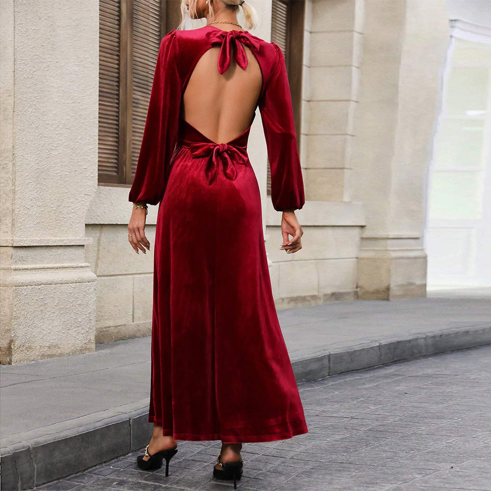 Damen elegantes Samt-Maxikleid mit taillierter Corsage, langen Ballonärmeln und fließender A-Linien-Rock – Valéora