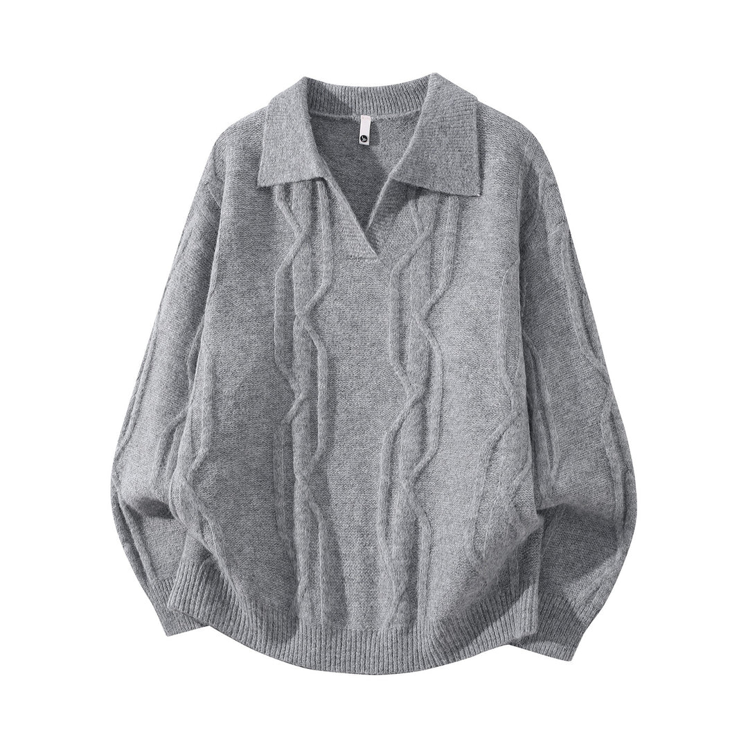 Damen Oversize Mohair‑Optik Zopfstrickpullover mit Polokragen und V‑Ausschnitt Echoarchiv