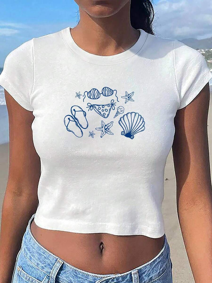 Damen Crop-T-Shirt mit kreativem Motiv und figurbetontem Schnitt Echo Archiv