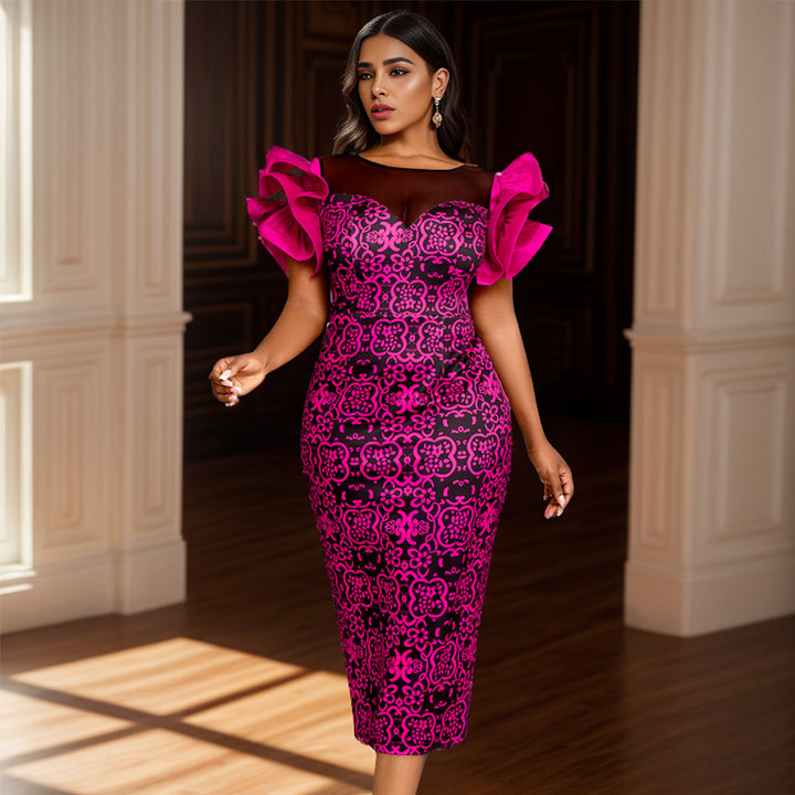 Damen Elegantes Etuikleid mit innovativen Puffärmeln und floralem Muster Echo Archiv