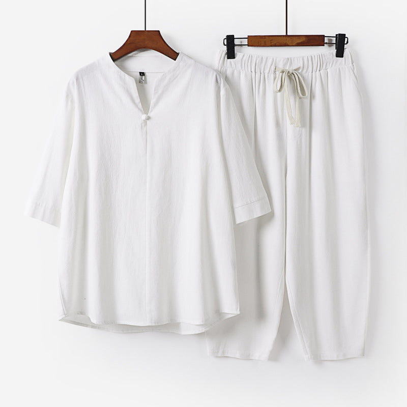 Damen Leichtes Leinen-Baumwoll-Loungewear-Set mit Stehkragen, Dreiviertelärmeln und Gummizugbundhose Echoarchiv
