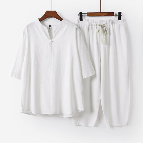 Damen Leichtes Leinen-Baumwoll-Loungewear-Set mit Stehkragen, Dreiviertelärmeln und Gummizugbundhose Echoarchiv