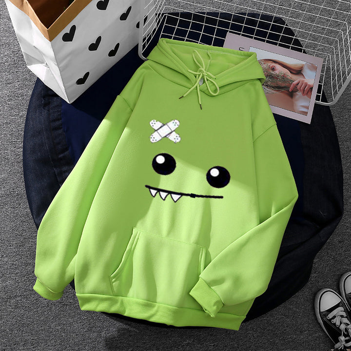 Damen Kapuzenpullover mit verspieltem Monstergesicht, Bandagen-Applikation und Kängurutasche – Auréline