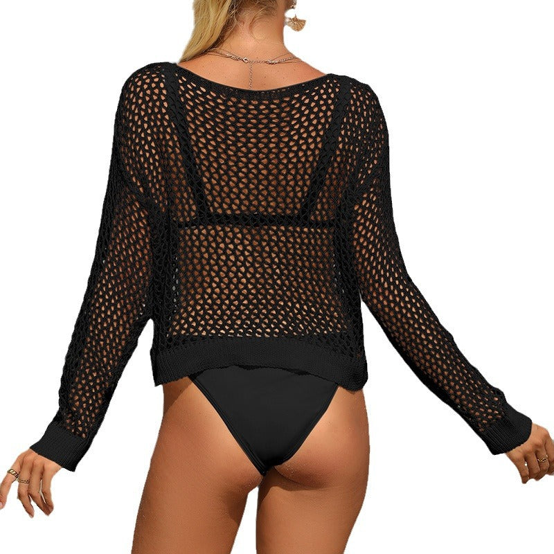 Damen lässiger Häkel-Strandpullover mit weitem Schnitt und V-Ausschnitt Echo Archiv