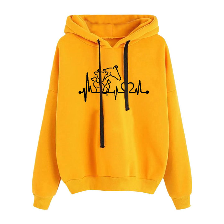 Damen leichter Oversize Kapuzenpullover mit Herz‑EKG‑Motiv, langen Kordeln und elastischem Bund – Auréline