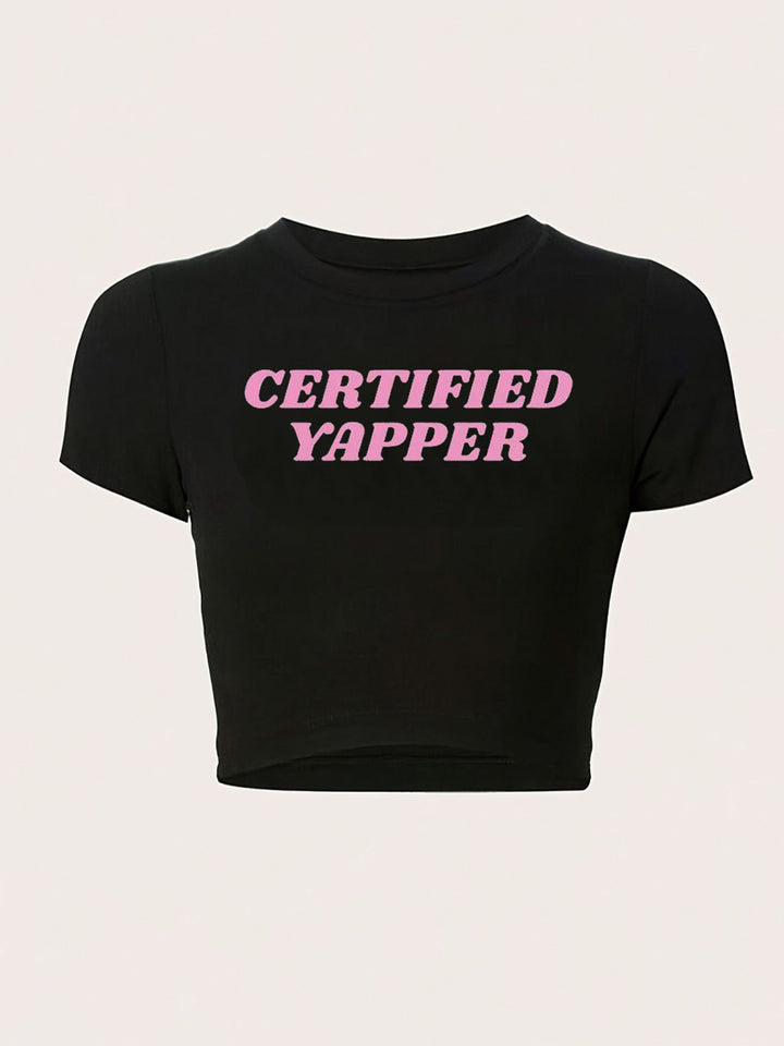 Damen figurbetontes Kurzarm-T-Shirt mit verspieltem Aufdruck Echo Archiv