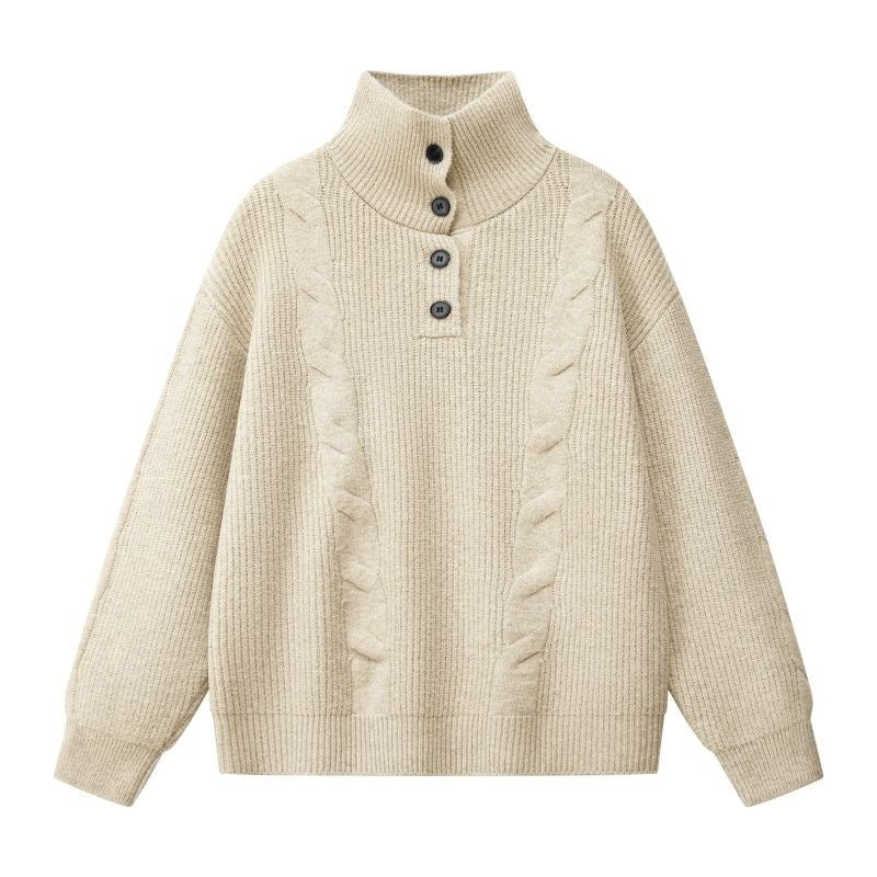 Damen Oversize Zopfstrickpullover mit hohem Rollkragen und Knopfleiste Echoarchiv