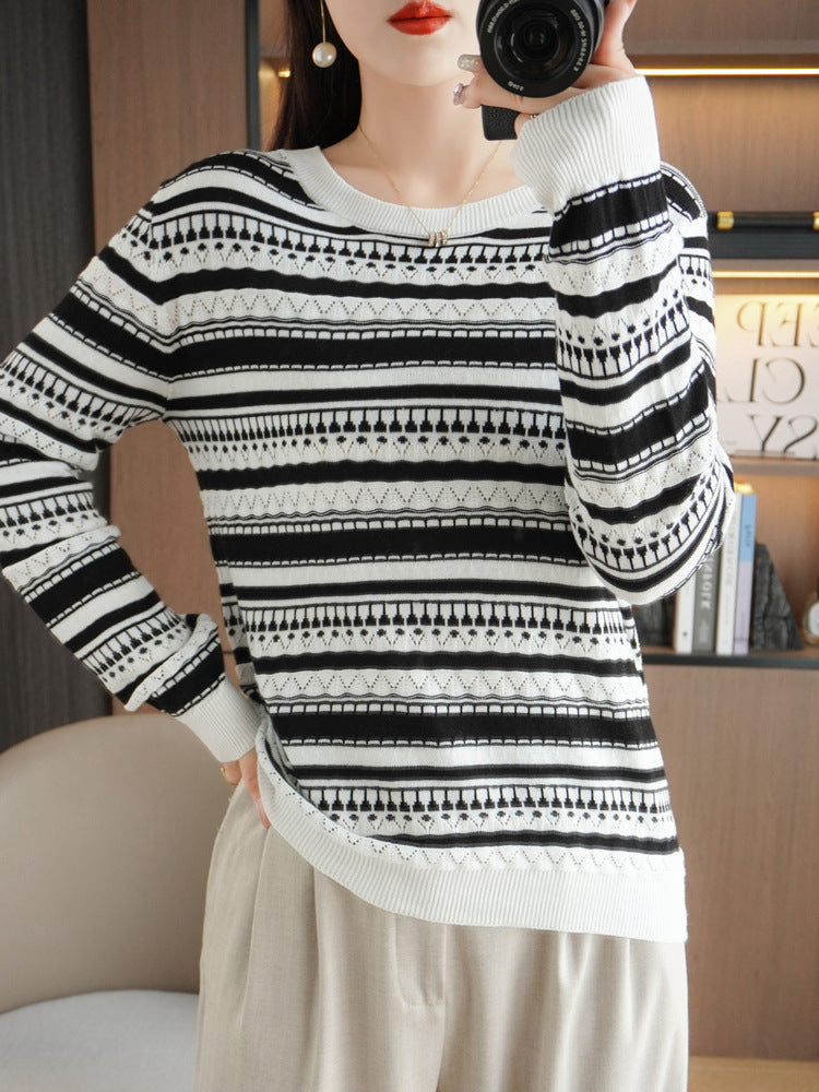 Damen Leichter Rundhals-Feinstrickpullover mit geometrischem Ajourstreifenmuster Echoarchiv