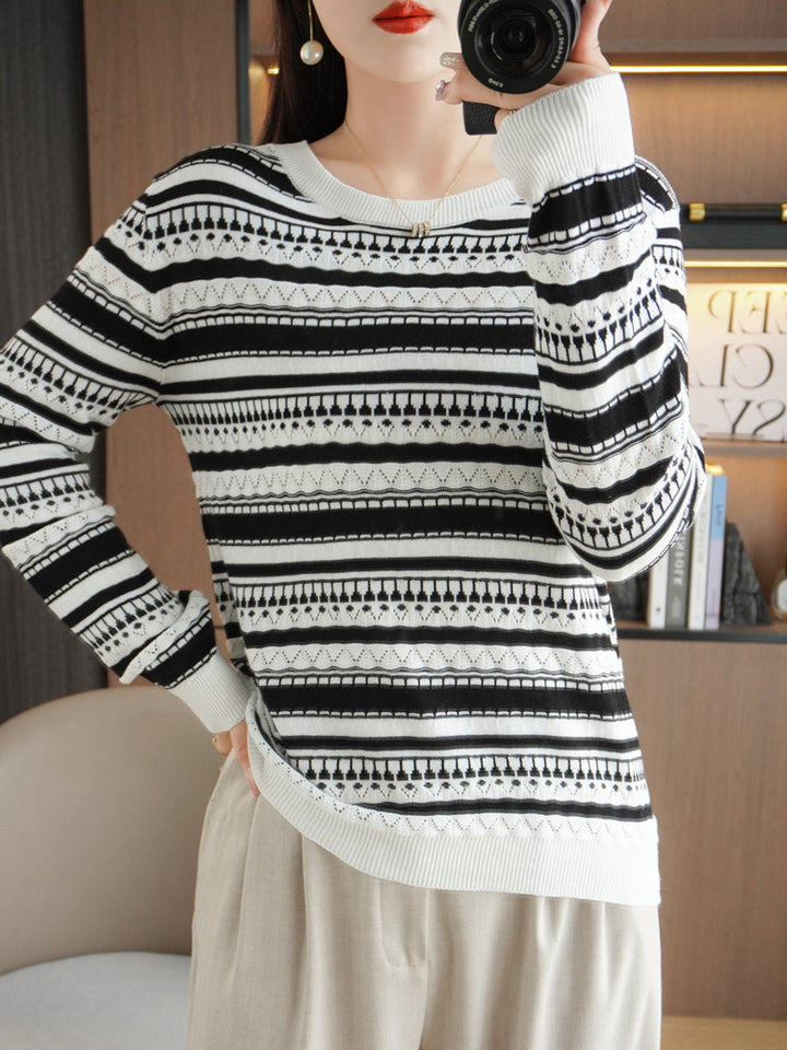 Damen Leichter Rundhals-Feinstrickpullover mit geometrischem Ajourstreifenmuster Echoarchiv