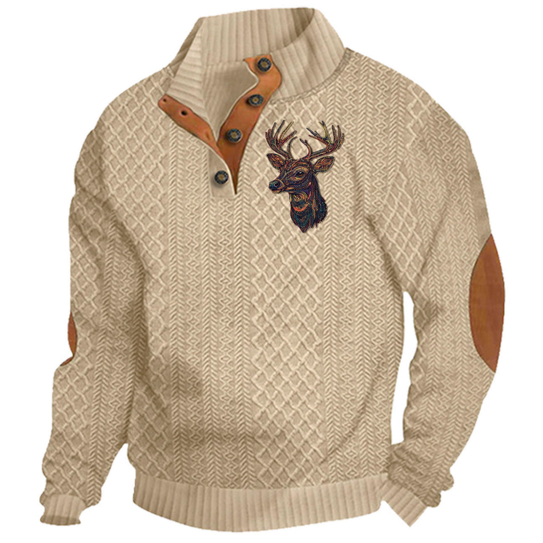 Herren nan Heritage-Strukturpullover mit Stehkragen Lederimitat-Besatz Ellenbogen-Patches und Halbknopfleiste Echo Archiv