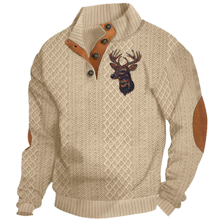 Herren nan Heritage-Strukturpullover mit Stehkragen Lederimitat-Besatz Ellenbogen-Patches und Halbknopfleiste Echo Archiv