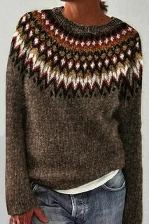 Damen nan melierter Rundhalsausschnittpullover mit kreisförmigem Jacquard-Yoke und geripptem Saum Echo Archiv