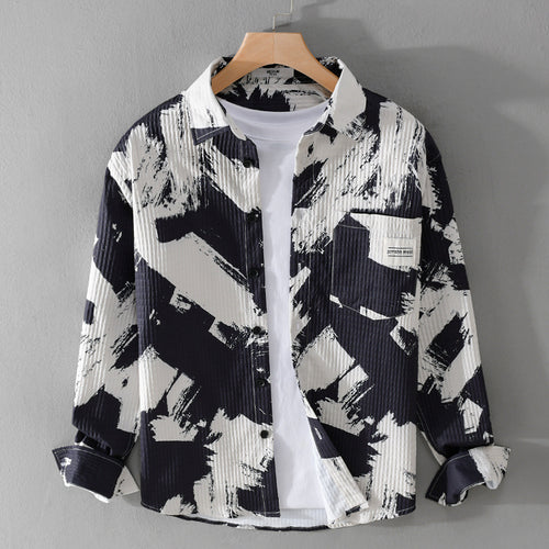 Herren Gekreppte Overshirt‑Hemdjacke mit abstraktem Pinselprint und Brusttasche Echoarchiv