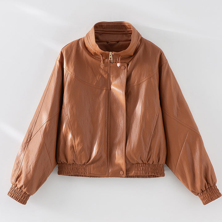 Damen Oversized Lederimitat-Bomberjacke mit Stehkragen und elastischem Saum Echoarchiv