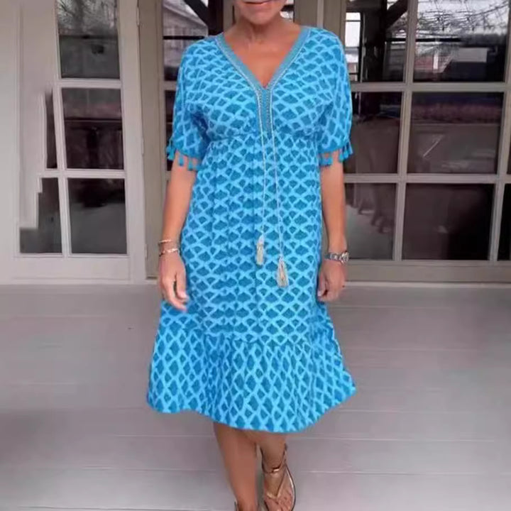 Damen nan lässiges V-Ausschnitt Strandkleid mit Quastenbindeband und Volantrock Echo Archiv