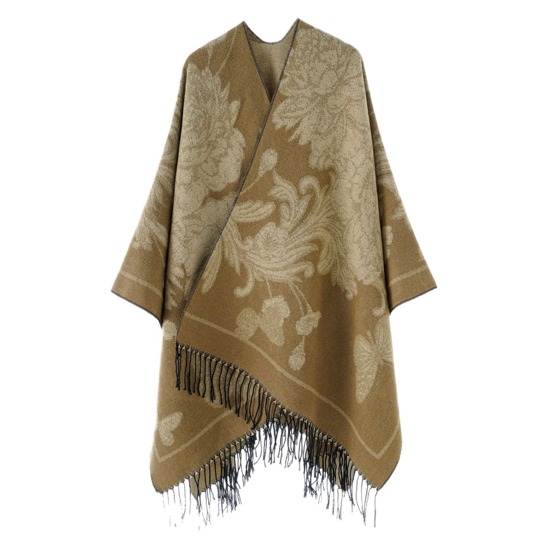 Damen Wendbarer Strickcape-Poncho mit Fransen und kontrastierenden Streifen – Avérine