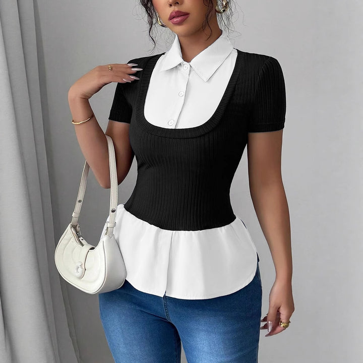 Damen Kurzärmeliges Layering-Top mit Fake-Hemdkragen und Rippstrickkörper – Avérine