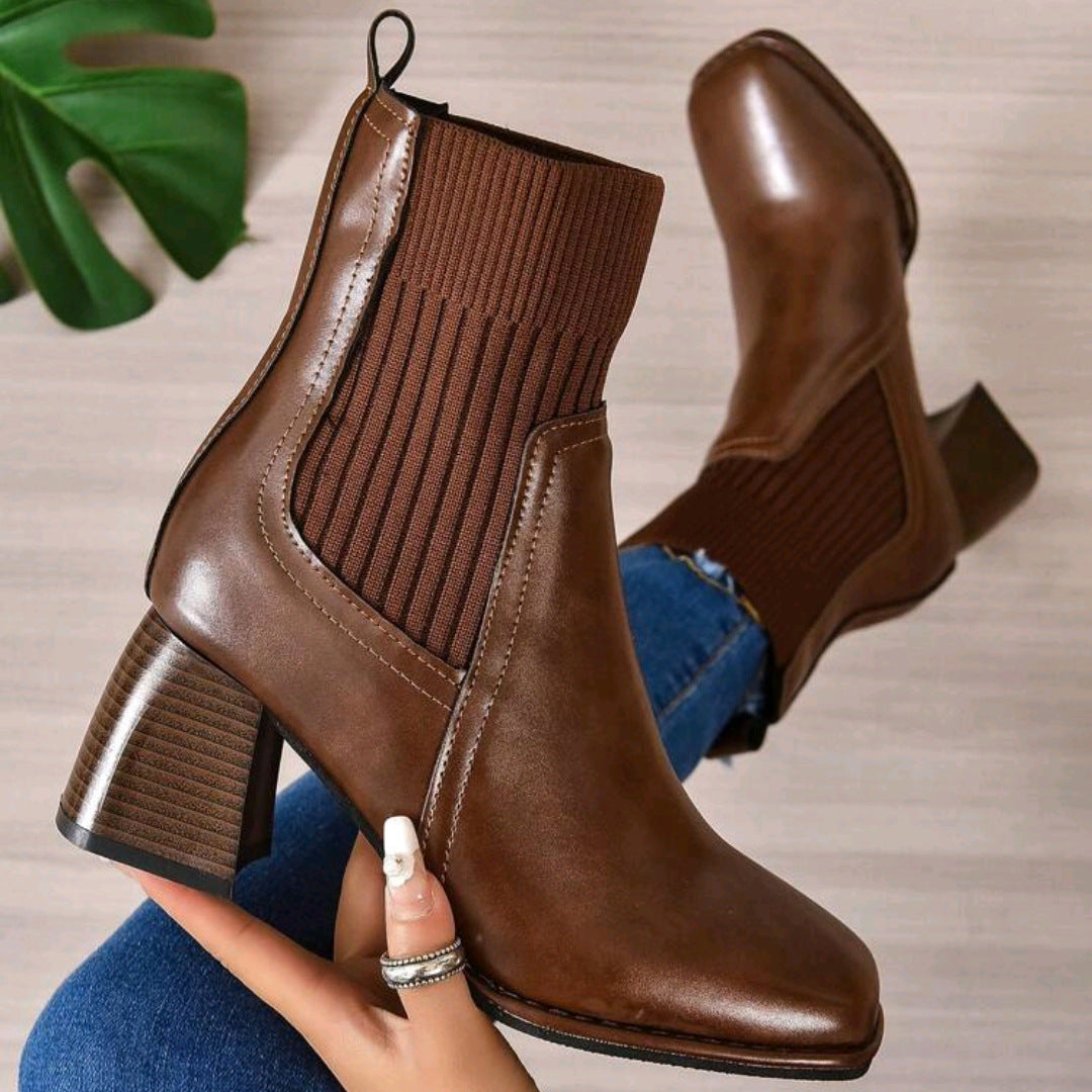 Damen Elegante Blockabsatz Stiefeletten mit Strickschaft Echo Archiv